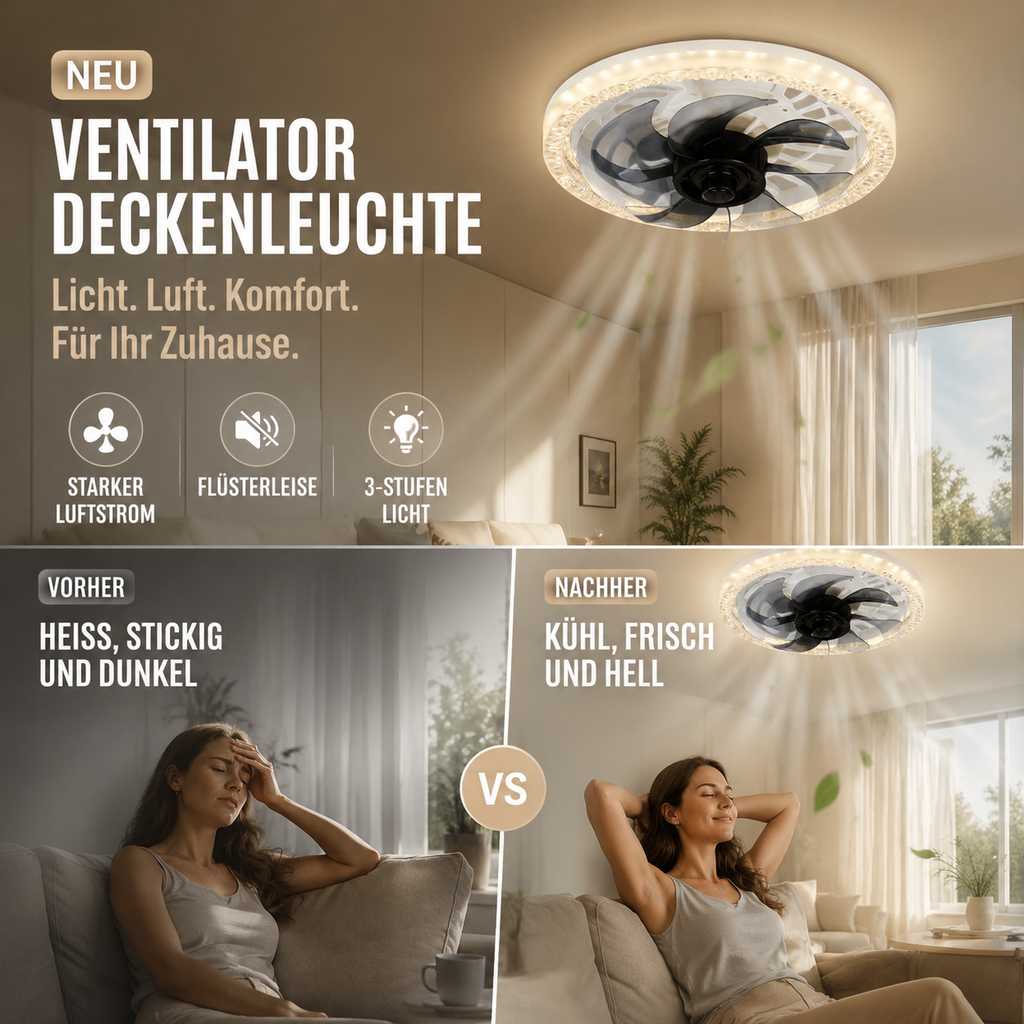 2-i-1 Stille justerbar ventilator med fjernbetjening og lys til sovværelset