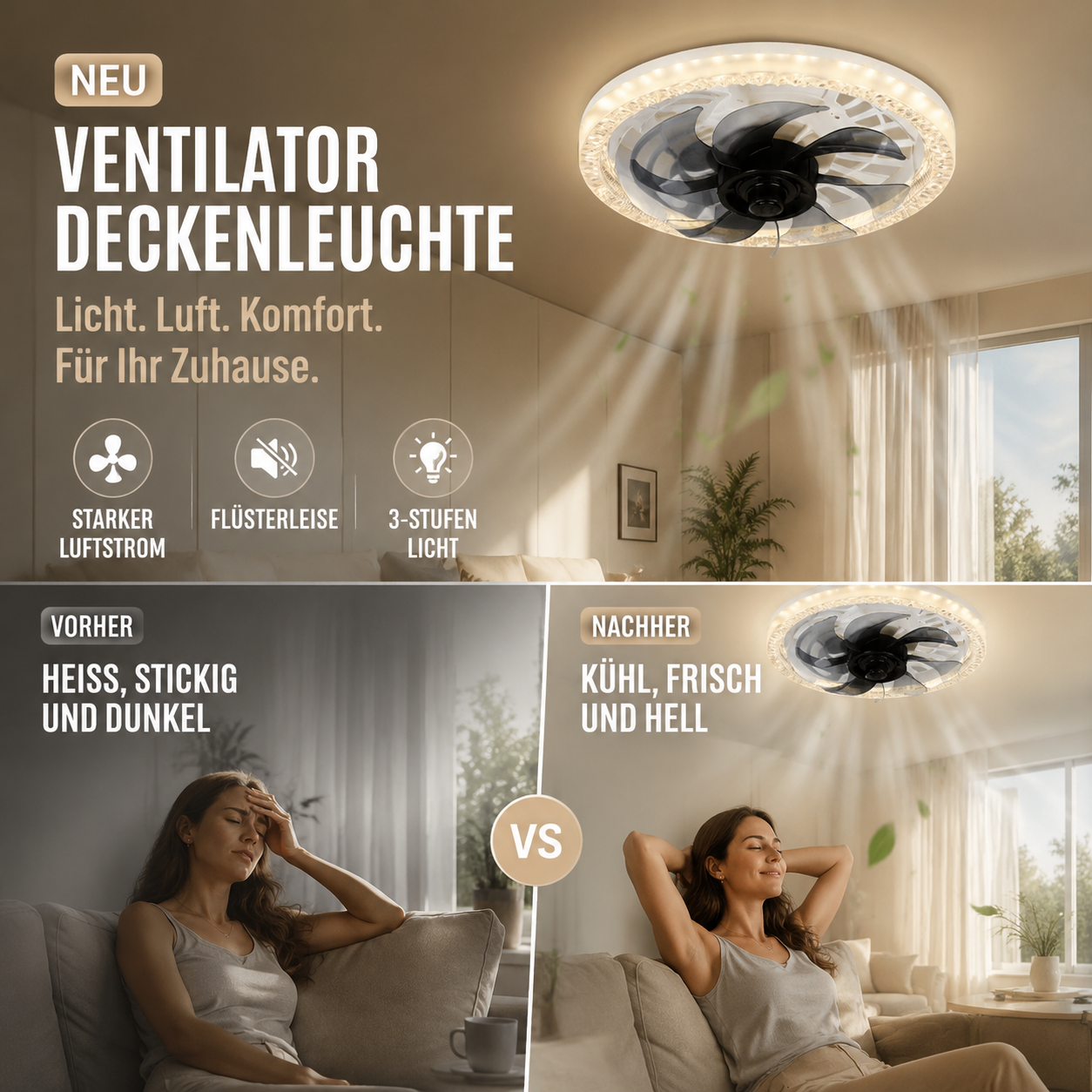 2-i-1 Stille justerbar ventilator med fjernbetjening og lys til sovværelset